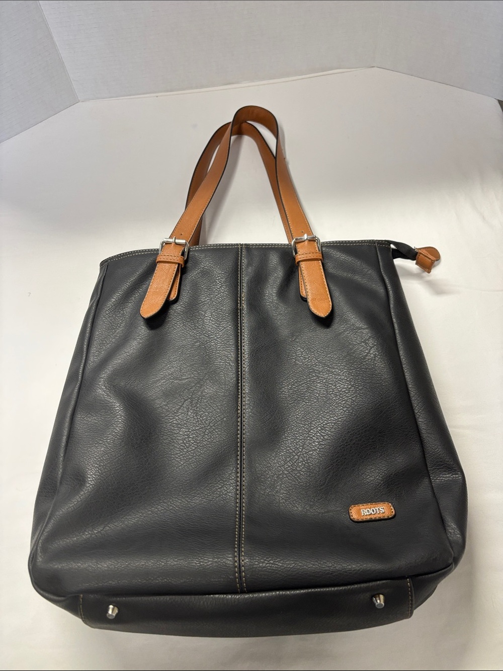 Roots Black Laptop Tote with Tan Straps